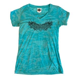 Harley Davidson Tee Womens MEDIUM Blue Graphic Double Sided V-Neck Chesapeake